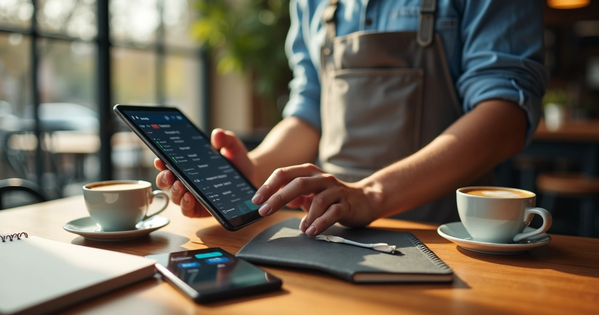 Pessoa atualizando cardápio digital em tablet com redes sociais abertas 