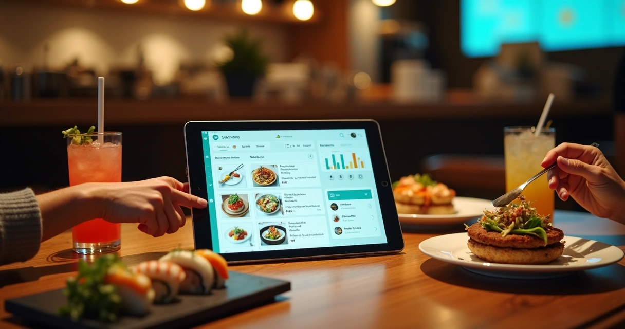 Mesa de restaurante com tablet exibindo catálogo digital ao lado de pratos modernos 