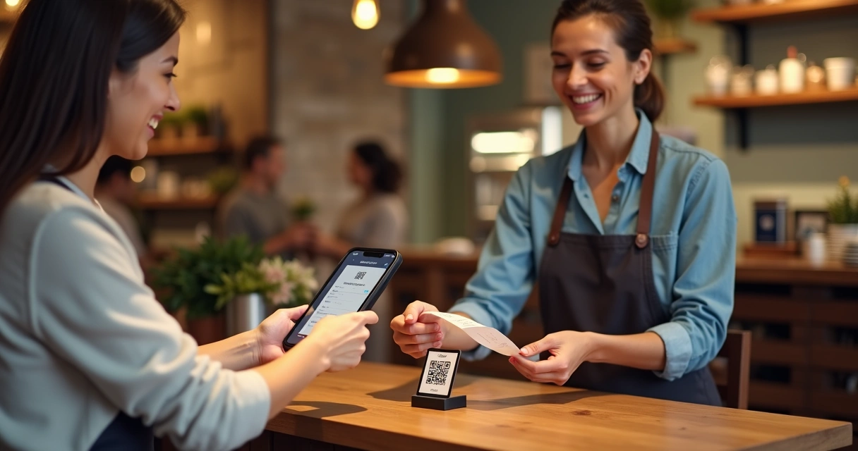 Cliente realizando pagamento com Pix em um balcão de restaurante