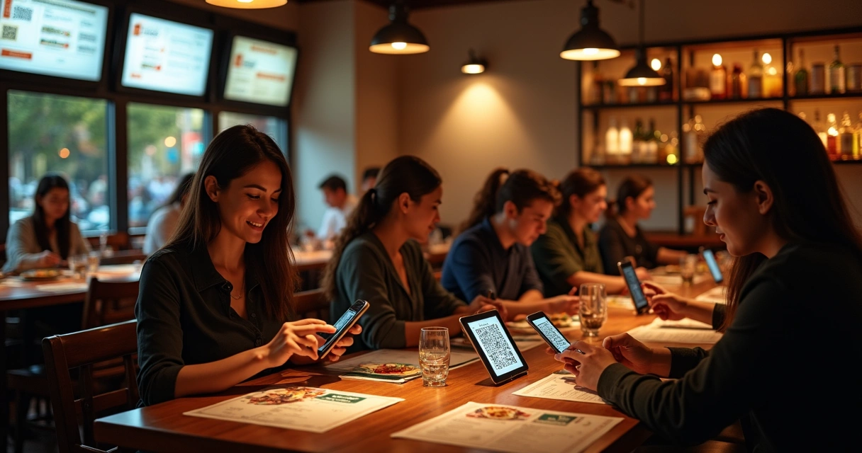 Mesa de restaurante onde pessoas usam celulares para acessar cardápio digital.