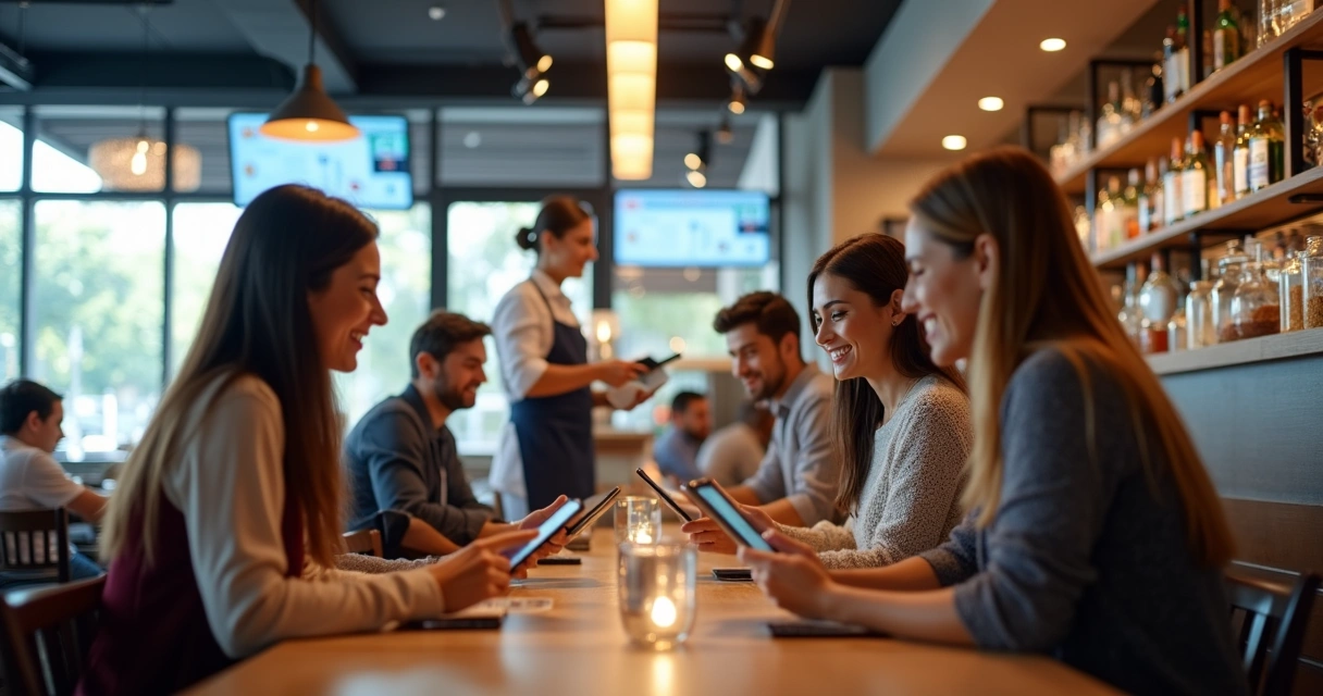 Clientes felizes em restaurante moderno com tecnologia 