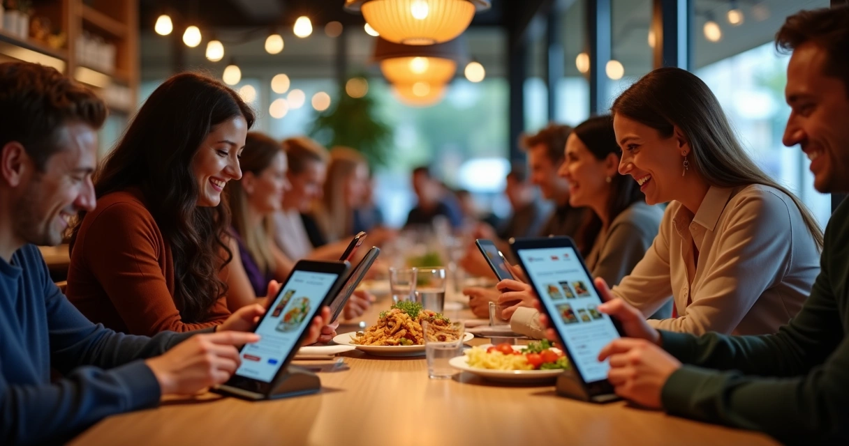 Clientes em restaurante lendo cardápio digital em um tablet 
