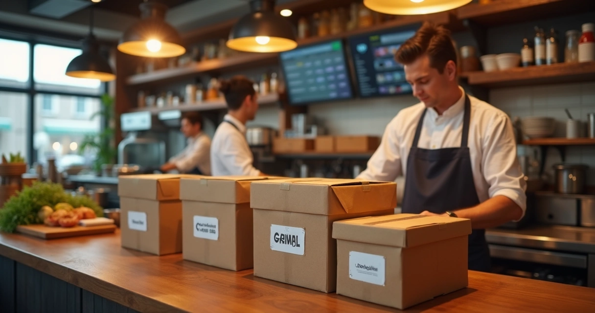 Restaurante movimentado com caixas de delivery organizadas no balcão 