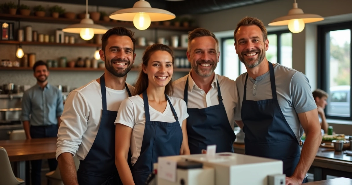 Equipe de restaurante reunida sorrindo perto do caixa 