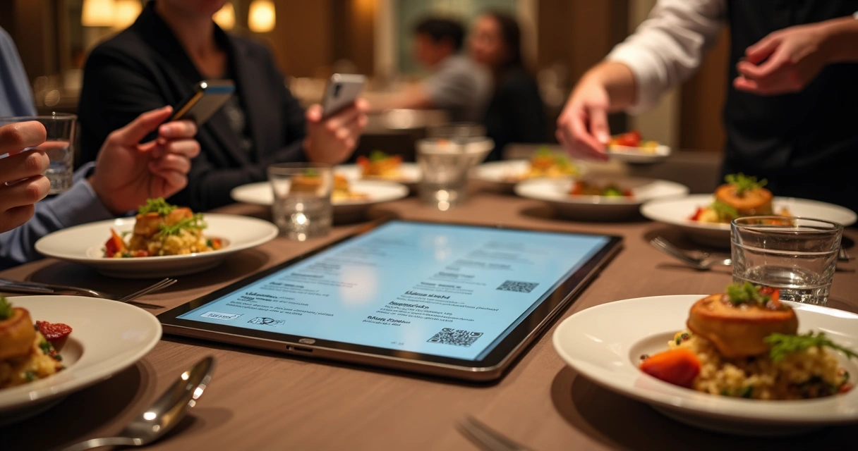 Mesa de restaurante com tablet exibindo cardápio digital 