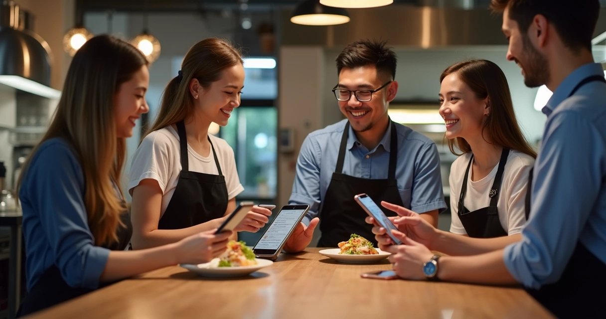 Restaurante moderno com equipe pequena atendendo muitos pedidos via tablet e dispositivos digitais 