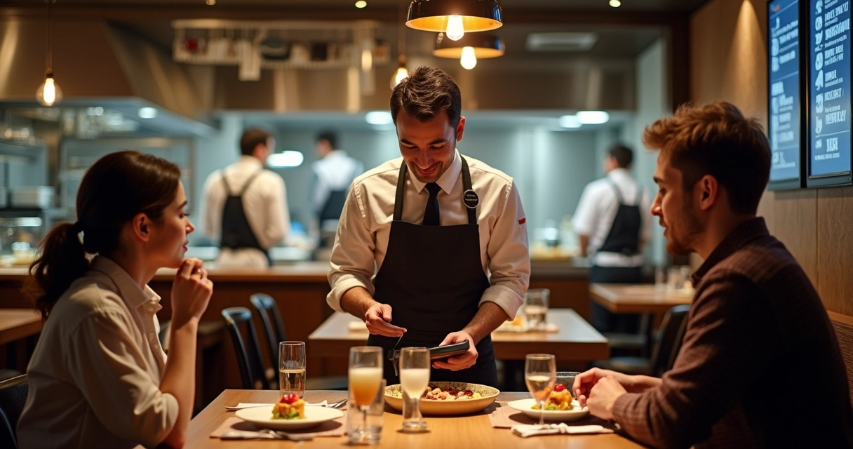 Garçom usando tablet para anotar pedido em restaurante movimentado 
