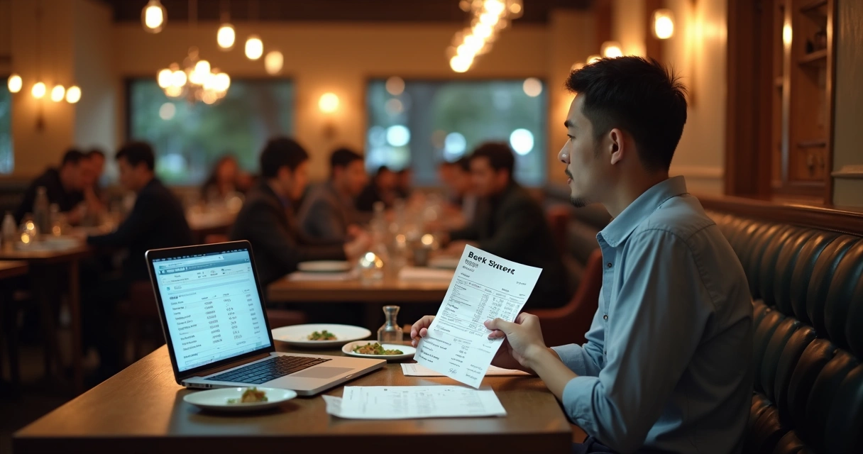 Restaurante com gerente conciliando extrato bancário e relatório de vendas 