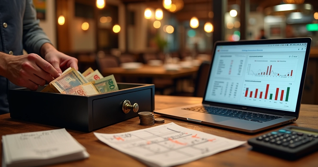 Administrador organizando caixa de restaurante com dinheiro e planilhas 