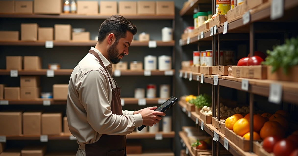 Gerente conferindo estoque de alimentos em prateleiras 