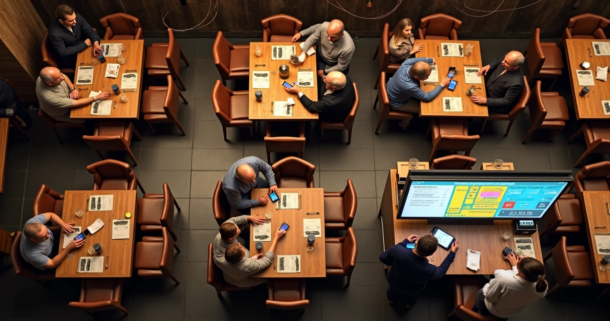 Visão superior de restaurante com mesas numeradas e telas mostrando controle digital 