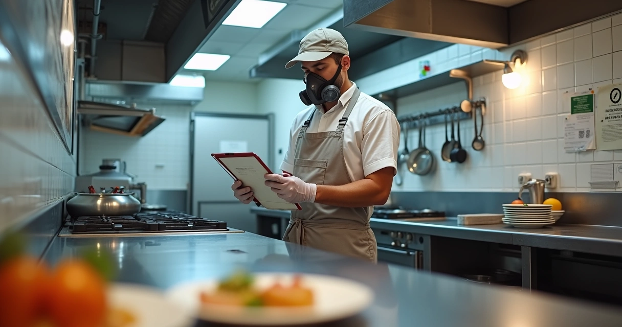 Técnico de controlo de pragas a inspecionar cozinha de restaurante profissional 