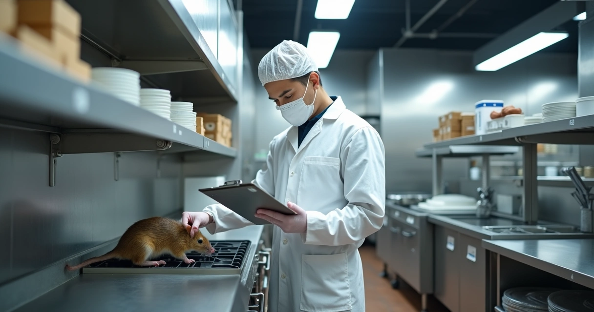 Cozinha de restaurante com técnico a inspecionar armadilha para roedores, ambiente limpo e organizado