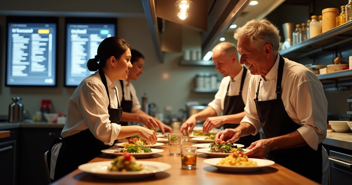 Equipe de cozinha e salão trabalhando com painéis digitais