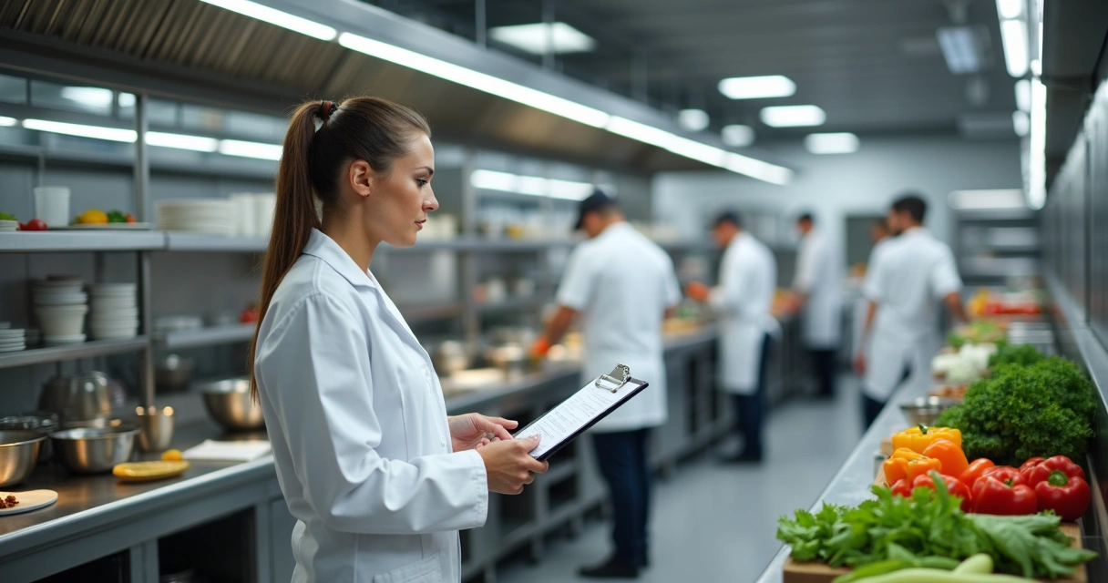 Nutricionista supervisionando equipe em cozinha industrial 