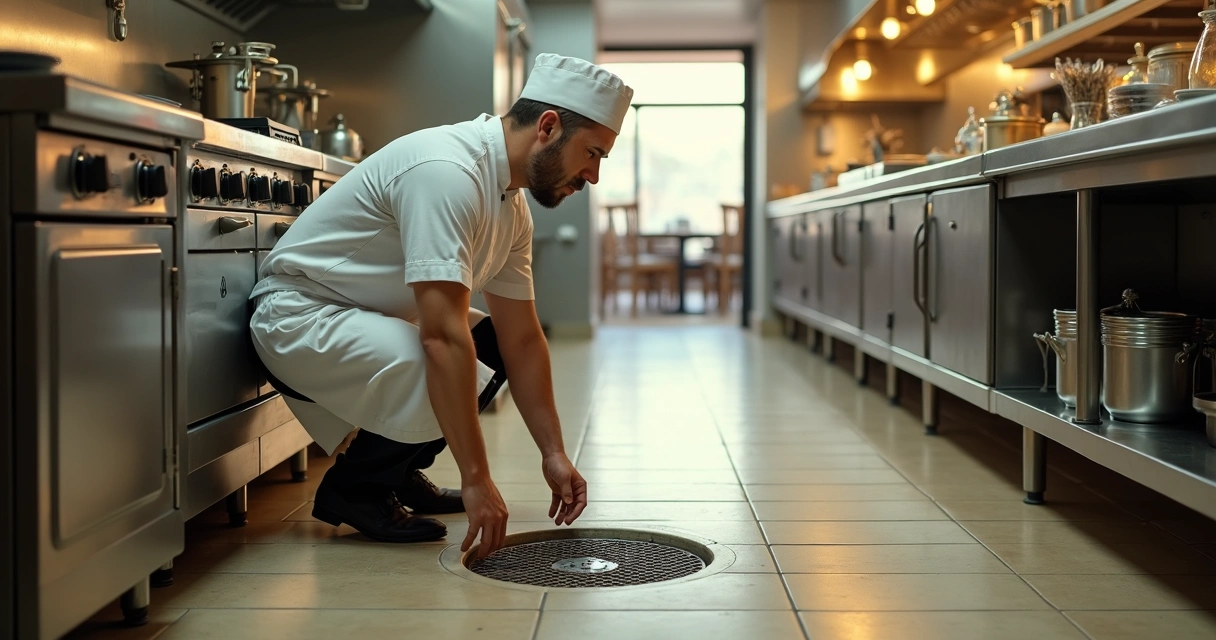 Cozinha de restaurante vazia com chef a olhar preocupado para ralo no chão 