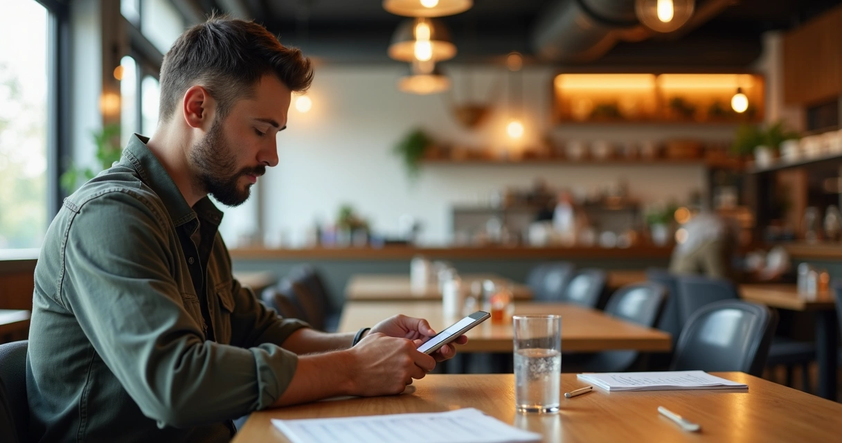 Ambiente interno de restaurante moderno vazio com gestor analisando relatórios no tablet 