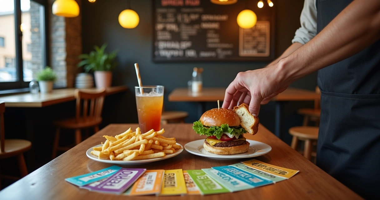 Garçom colocando cupom de desconto colorido ao lado de prato em mesa de pequeno restaurante 