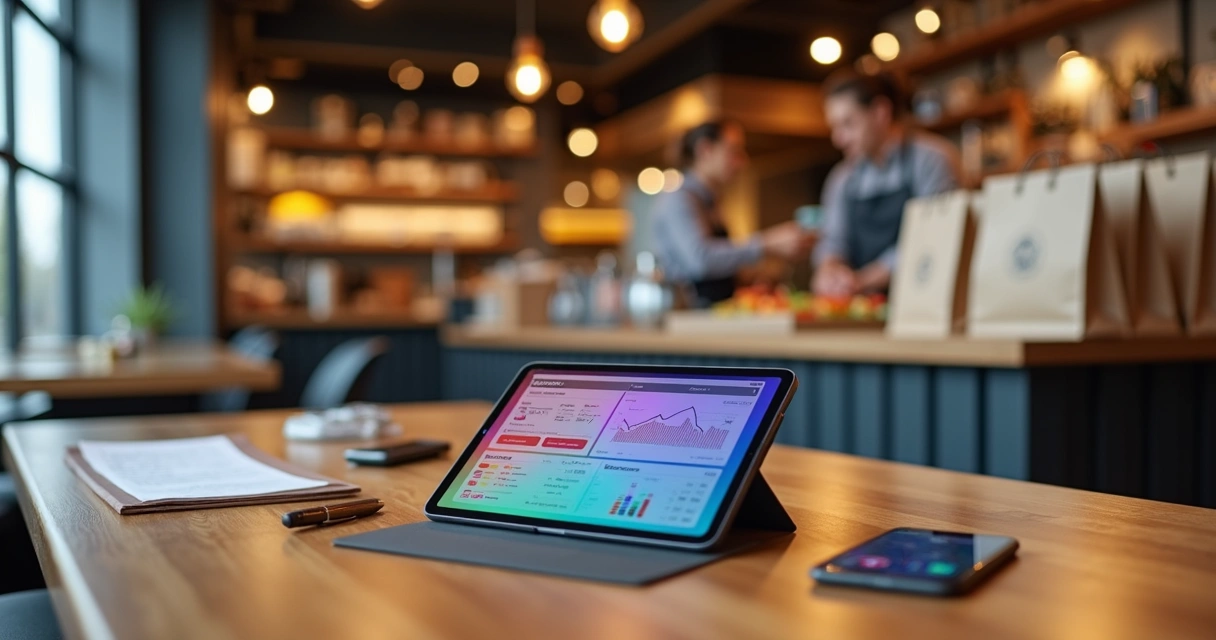 Mesa de restaurante com tablet exibindo app de delivery e gráficos de vendas em crescimento 