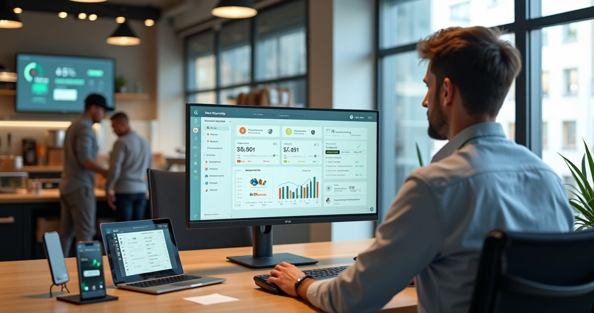 Gestor de restaurante acompanhando pedidos de delivery automatizados em vários dispositivos 