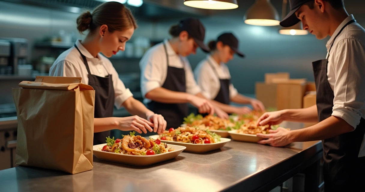 Equipe de restaurante organizando embalagens para pedidos delivery 