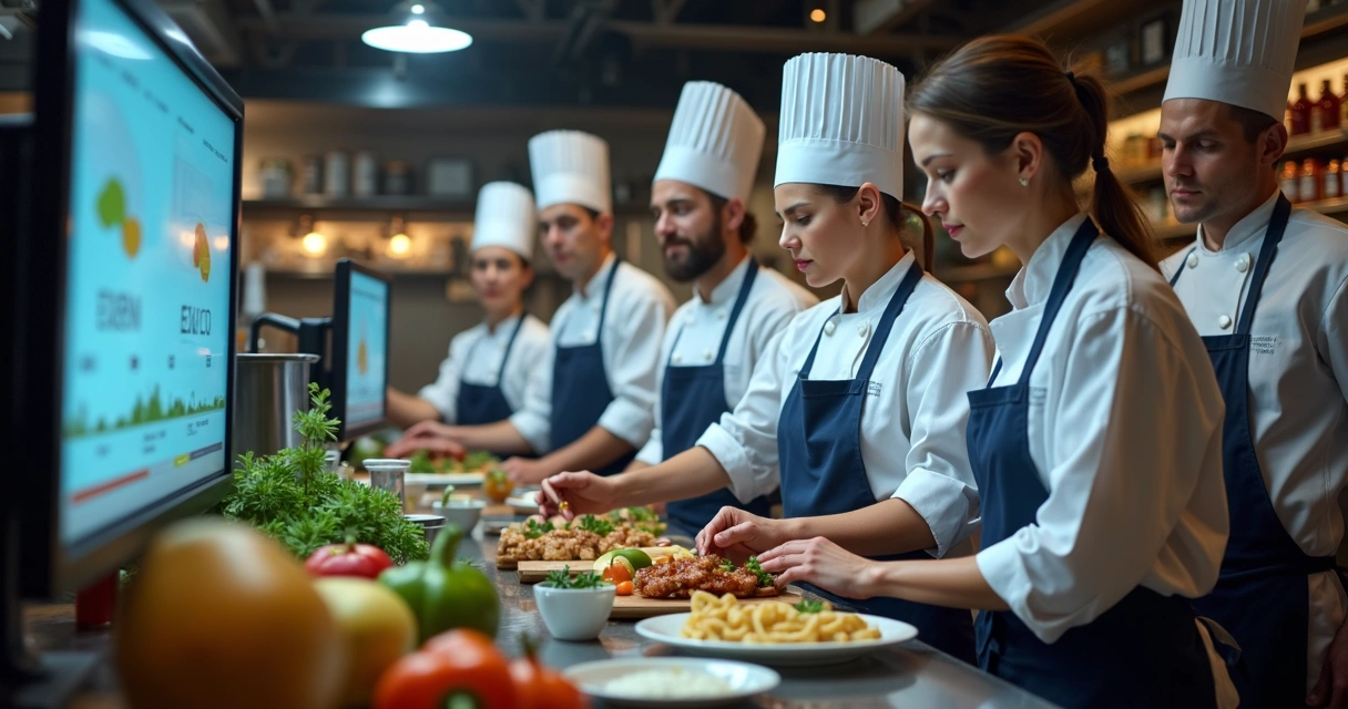 Equipe de restaurante conferindo insumos em estoque digital no balcão