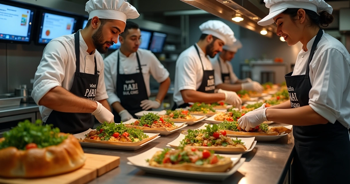 Restaurante moderno com garçons, cozinheiros e embalagens de delivery. 
