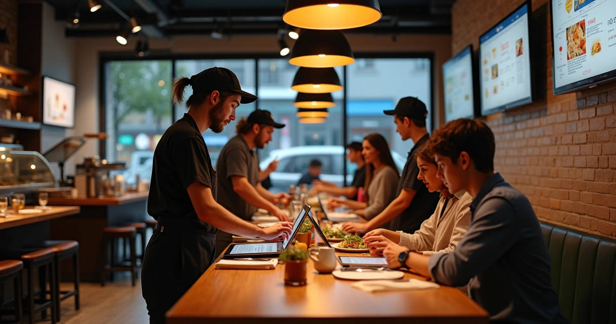 Restaurante digitalizando pedidos com equipe atenta em computadores e tablets 
