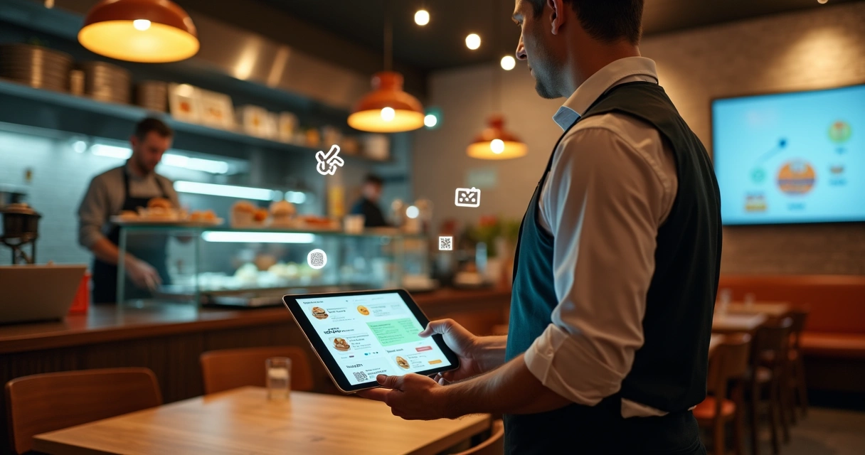 Garçom usando tablet para gerenciar pedidos de delivery online em restaurante moderno 