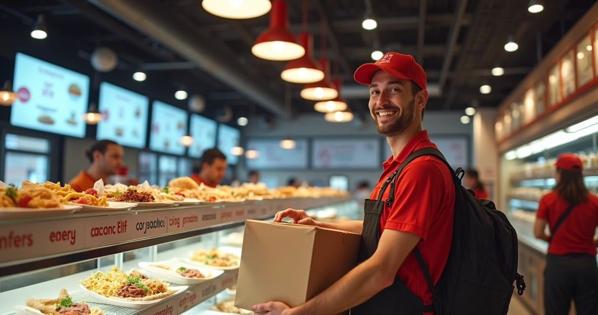Entregador pegando pedidos prontos em restaurante moderno. 