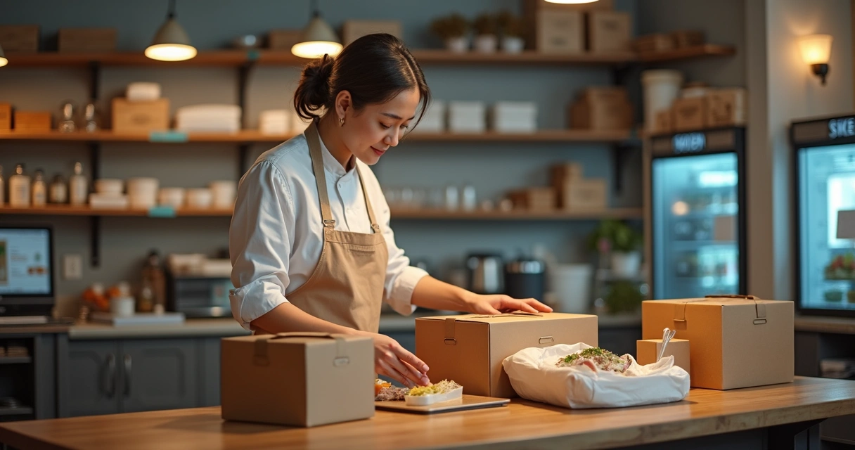 Restaurante preparando pedidos de delivery em cozinha organizada 