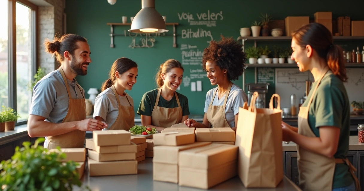 Equipe de restaurante organizando pedidos ecológicos para delivery 