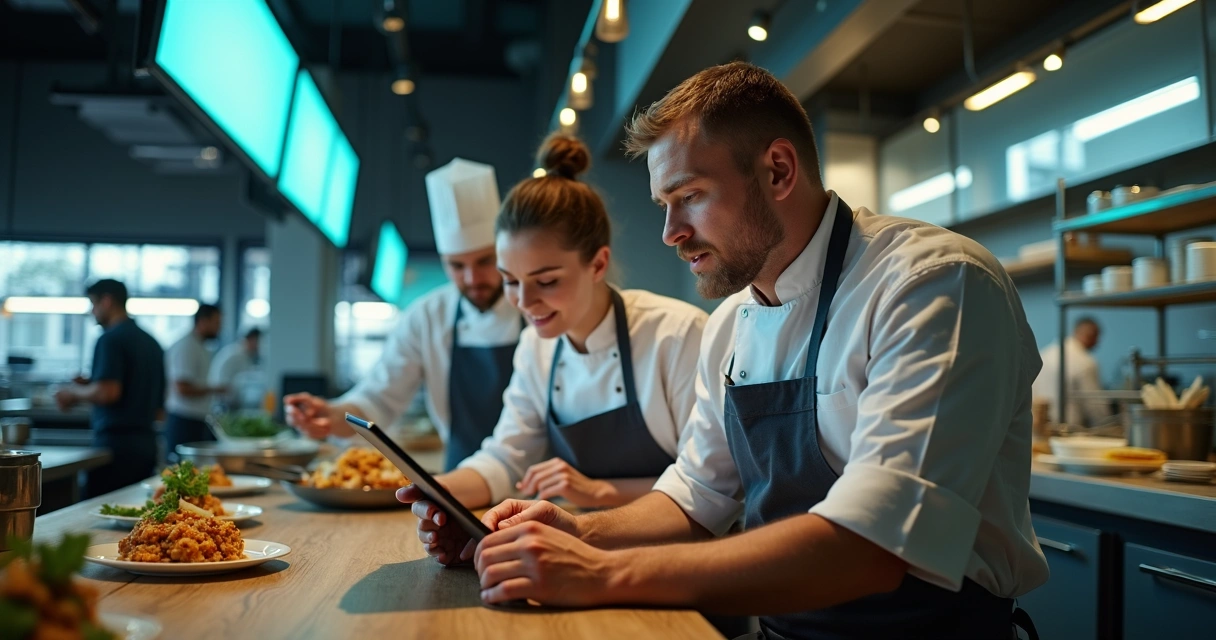 Equipe de restaurante usando tablet para ajustar preços no delivery 