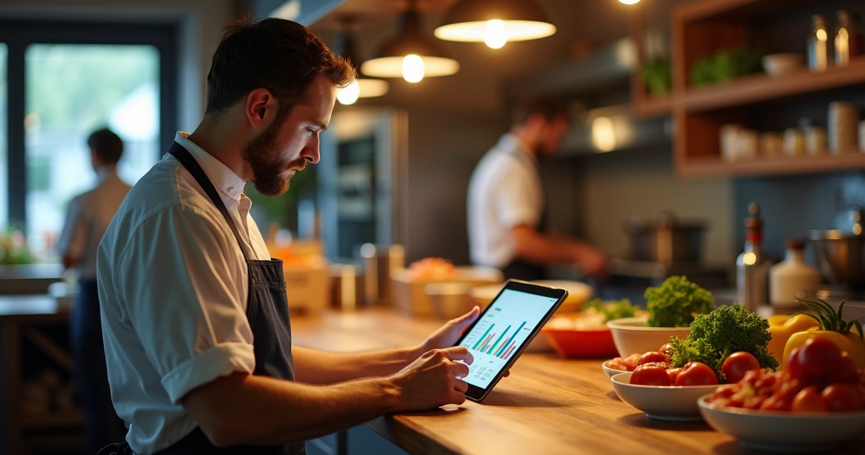 Restaurante delivery consultando dados no tablet