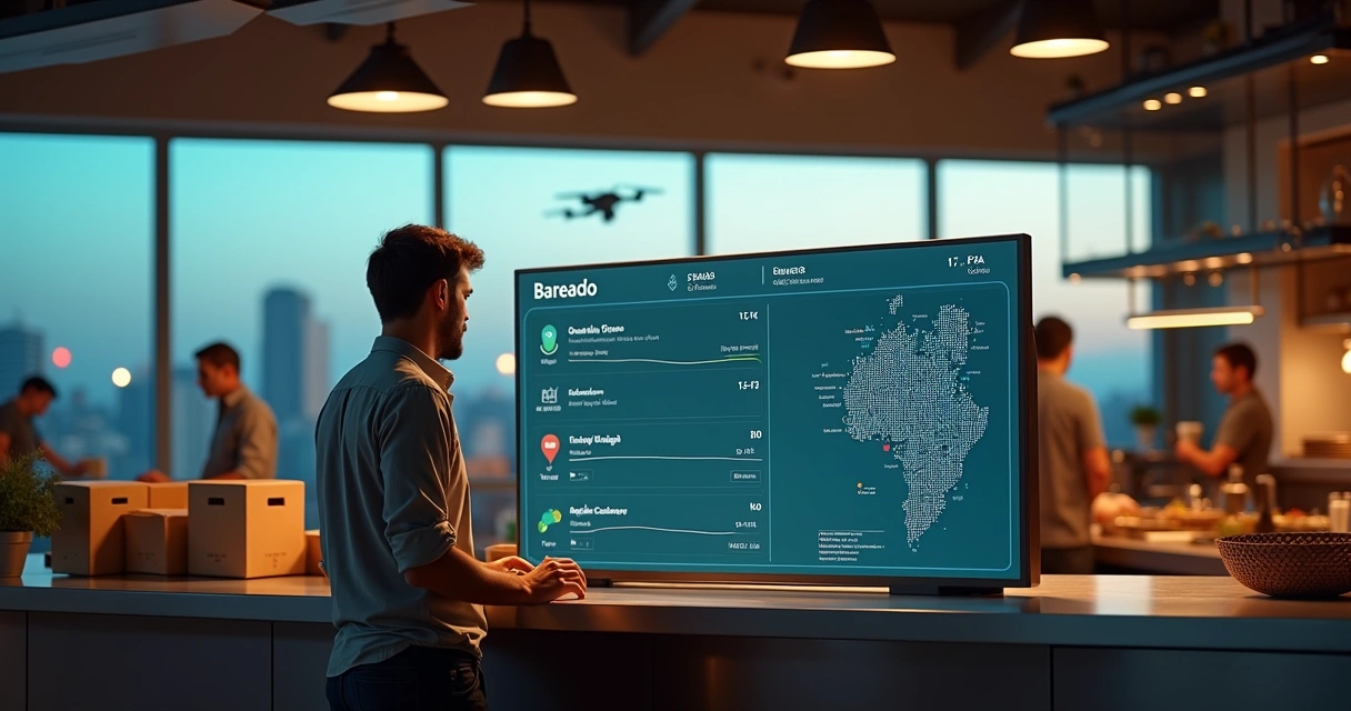 Gestor de restaurante em balcão moderno acompanhando logística de delivery em tela digital 