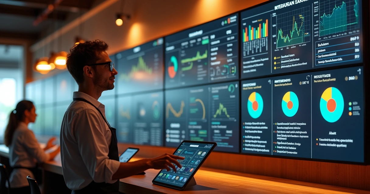 Gestor de restaurante usando tela com dados integrados e inteligência artificial 