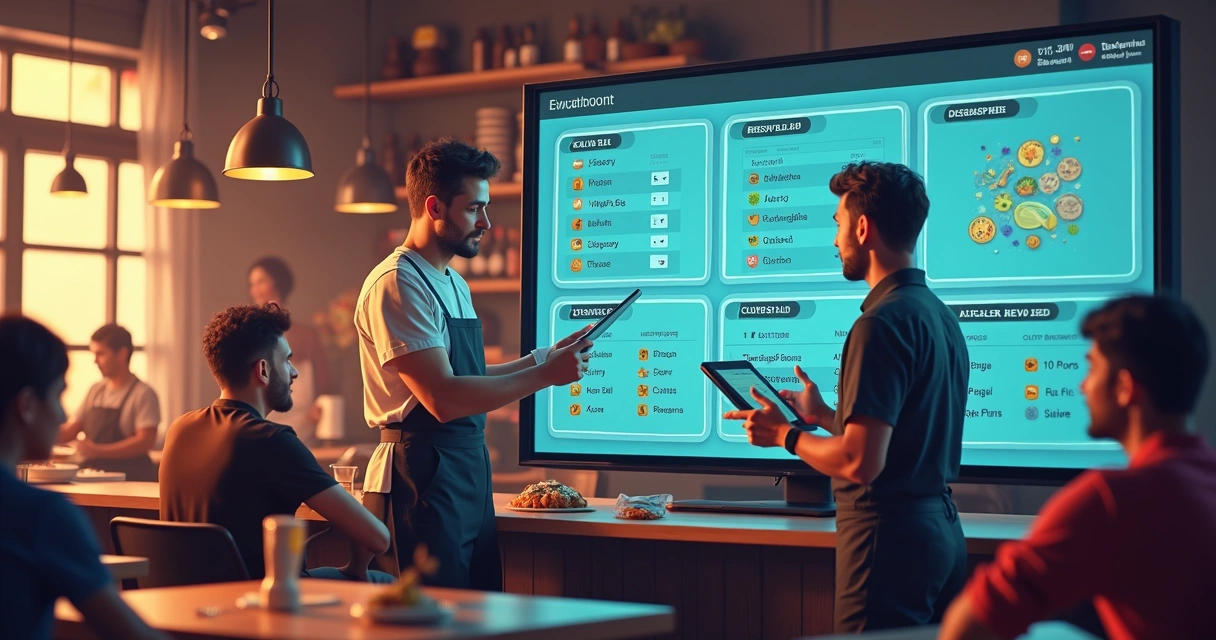 Equipe de restaurante usando tela com painel de atendimento digital ao fundo 
