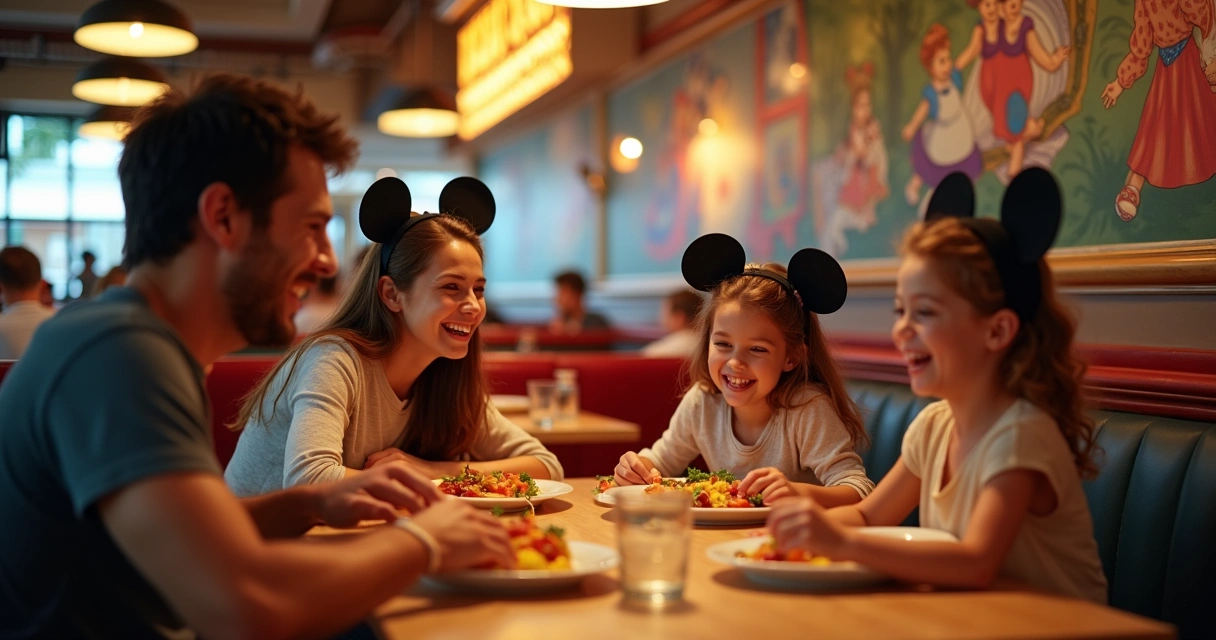 Família sorrindo em restaurante temático da Disney