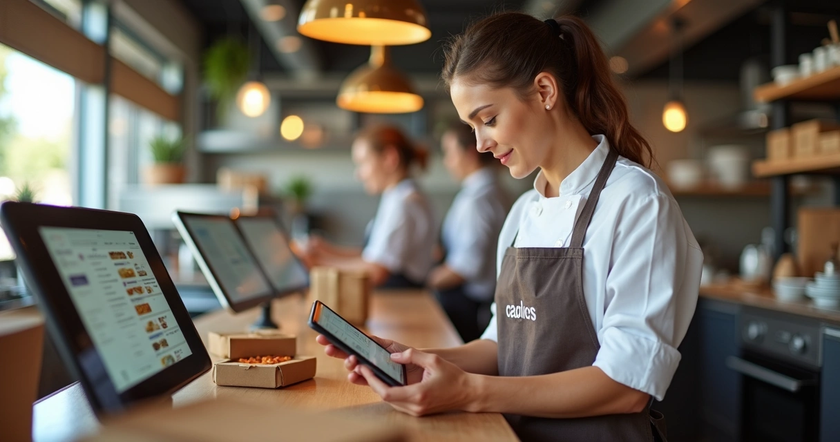 Restaurante controlando entregas de delivery pelo tablet. 