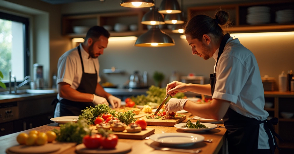 Equipe em cozinha de restaurante pequeno 