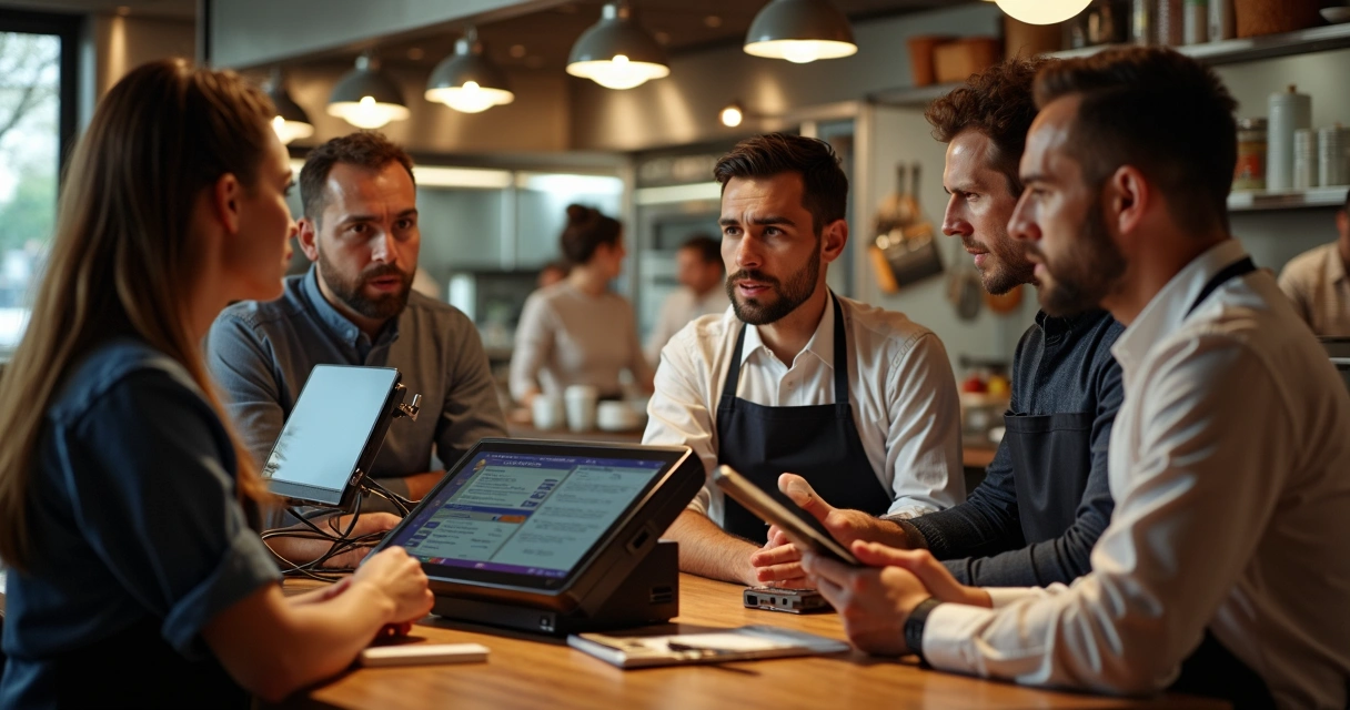Equipe frustrada tentando usar sistema de restaurante complicado