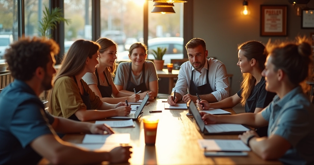 Equipe de restaurante reunida em treinamento 