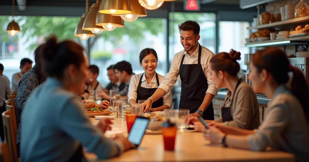 Equipe de restaurante sorridente atendendo clientes em mesas com tablet e ambiente moderno 
