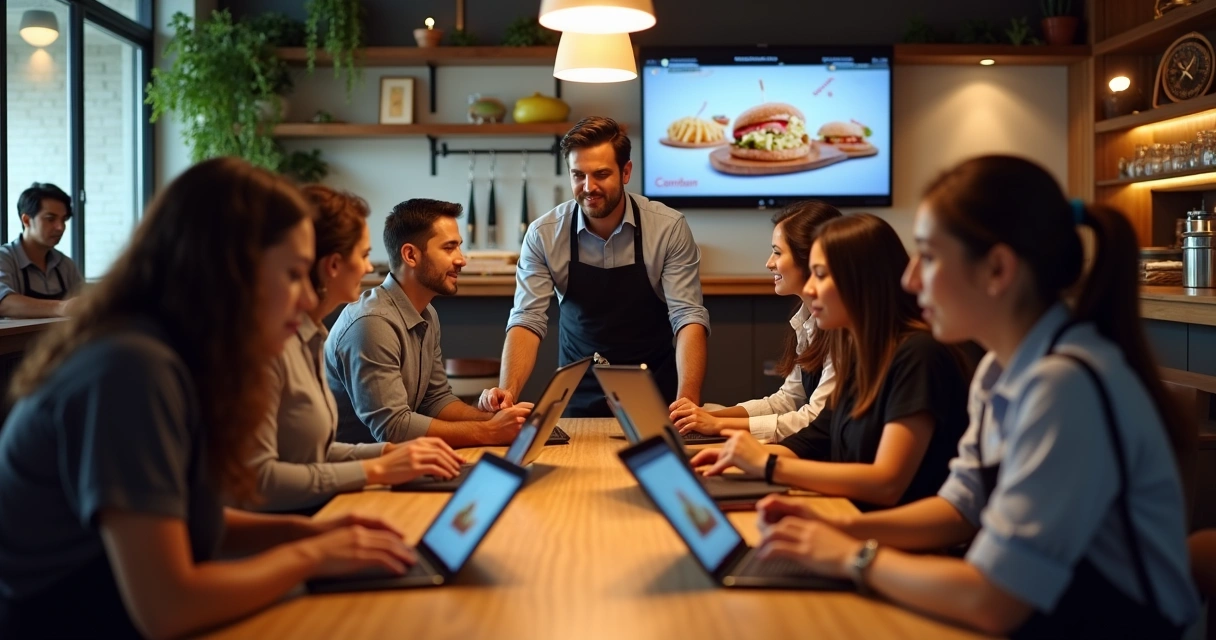 Equipe de restaurante participando de treinamento de upsell. 