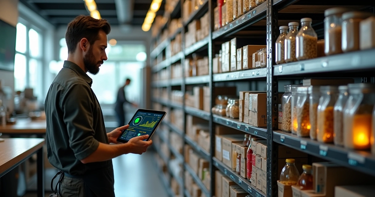 Gestor de delivery acompanhando painel de estoque automático no tablet diante de prateleiras de insumos 