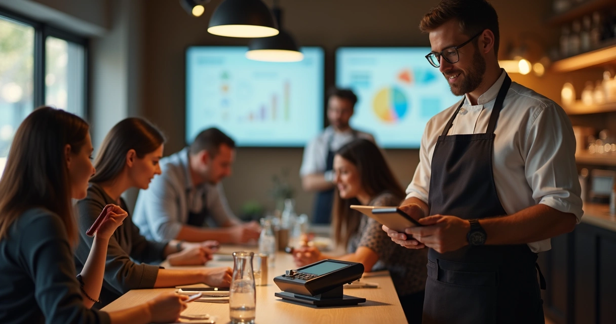 Garçom usando tablet ao lado de caixa registradora digital 