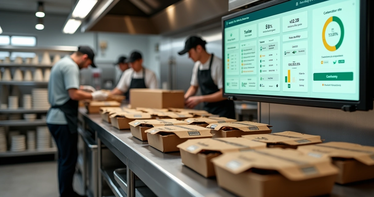 Equipe de cozinha alinhando pedidos de delivery em uma tela grande para evitar cancelamentos 