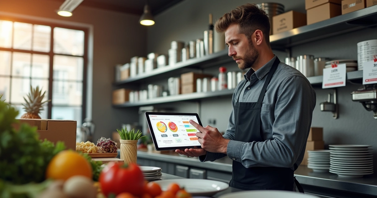 Gerente de restaurante conferindo estoque na cozinha com tablet ao lado de prateleiras organizadas 