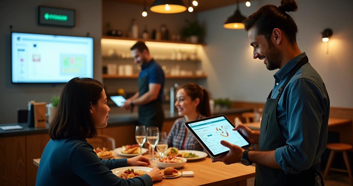 Equipe de restaurante usando tablet para gerenciar pedidos e atender cliente sorridente na mesa 