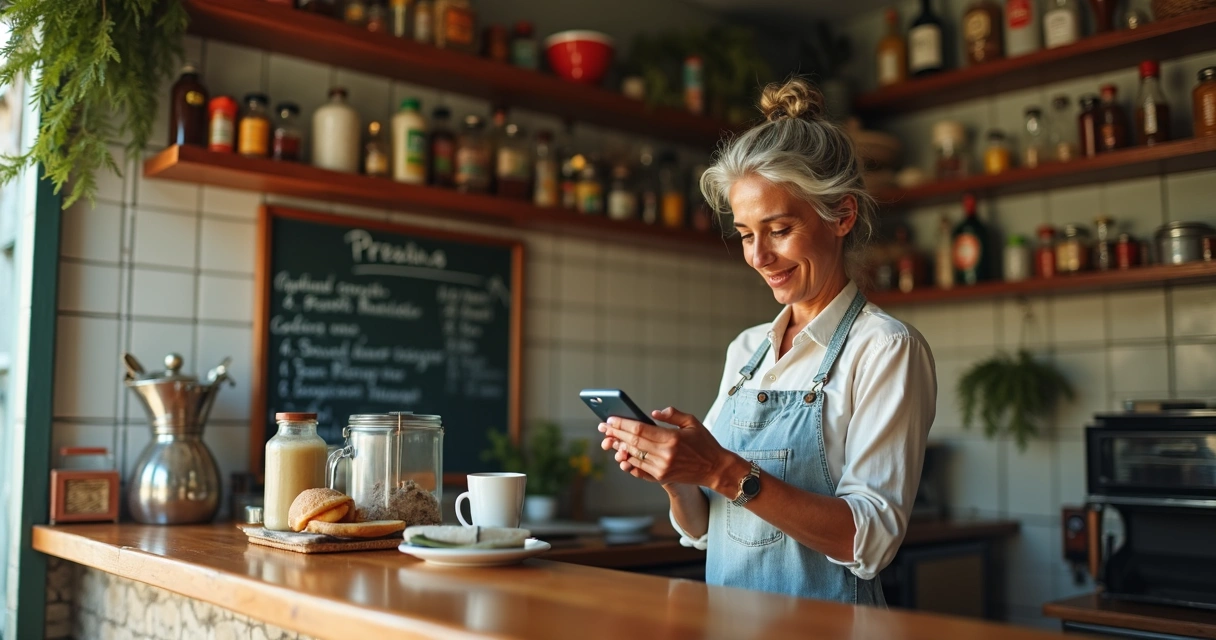 Pequeno restaurante de bairro com dona conferindo pagamento digital 